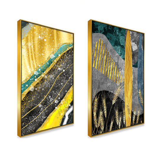 Modern Abstract Golden Dried Botanical Wheat Grass Boho Canvas Painting Two Pieces