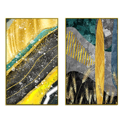 Modern Abstract Golden Dried Botanical Wheat Grass Boho Canvas Painting Two Pieces