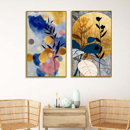 Bohemian Abstract Golden Floral Canvas Wall Painting Two Pieces