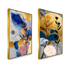 Bohemian Abstract Golden Floral Canvas Wall Painting Two Pieces