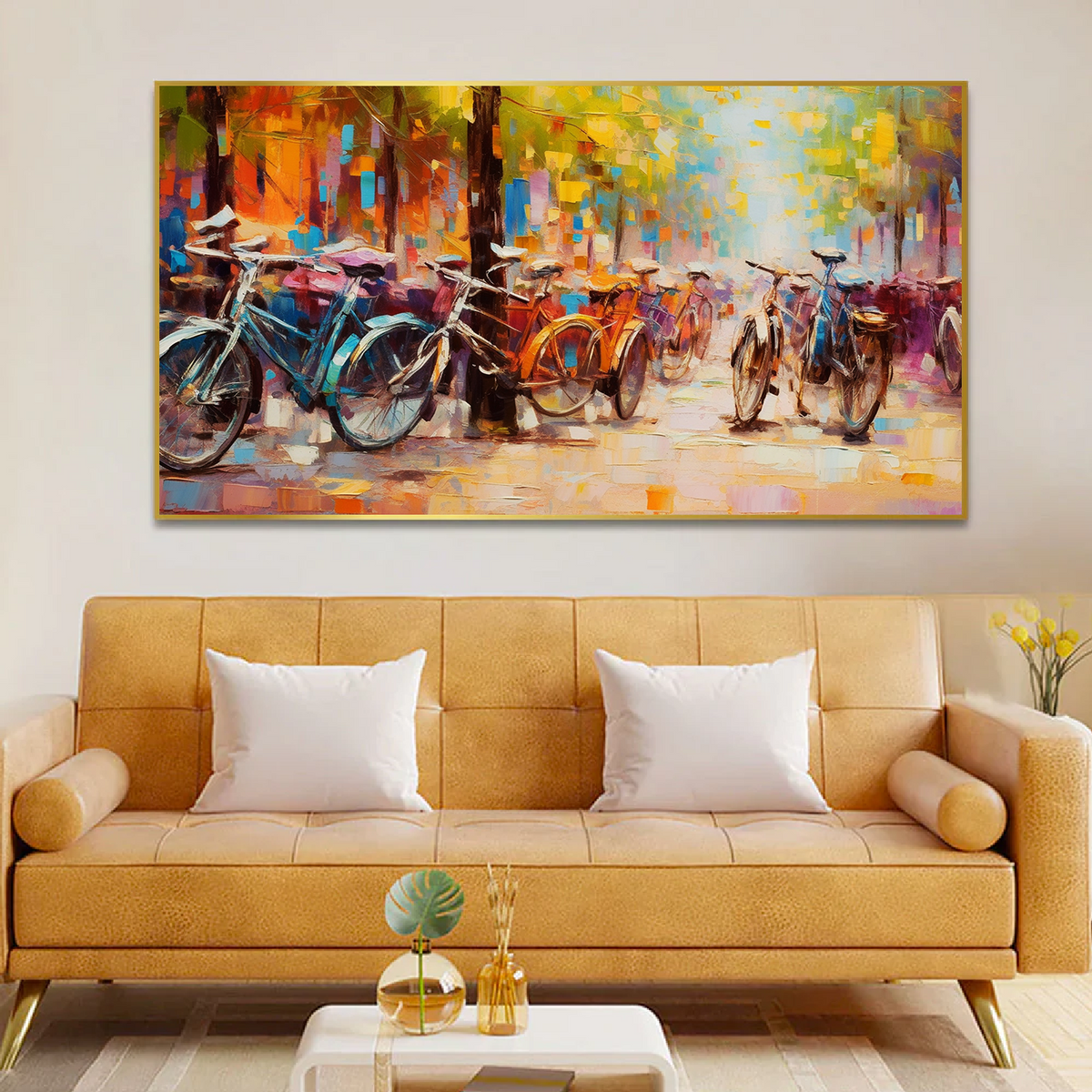 Group of Bicycles Parked on a City Street Floating Framed Canvas Wall Painting