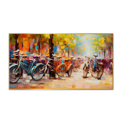 Group of Bicycles Parked on a City Street Floating Framed Canvas Wall Painting