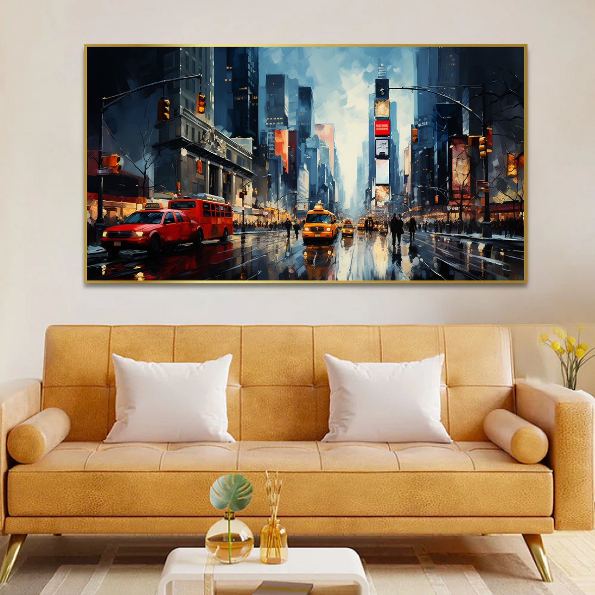 City Street with Yellow & Red Taxi Cab car Floating Frame Canvas Wall Painting