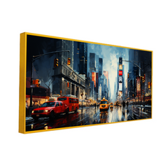 City Street with Yellow & Red Taxi Cab car Floating Frame Canvas Wall Painting