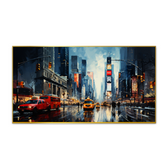 City Street with Yellow & Red Taxi Cab car Floating Frame Canvas Wall Painting