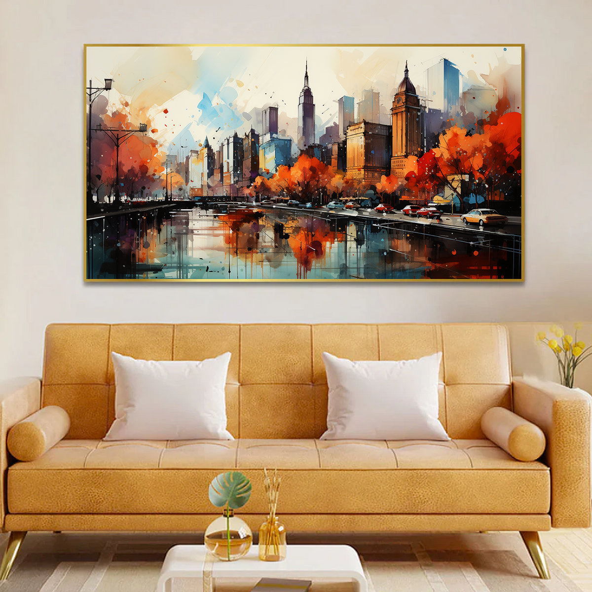 Canvas Painting of a City Street with Bridge and River