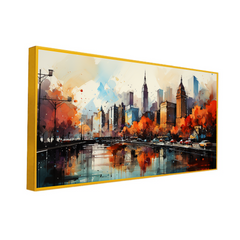 Canvas Painting of a City Street with Bridge and River