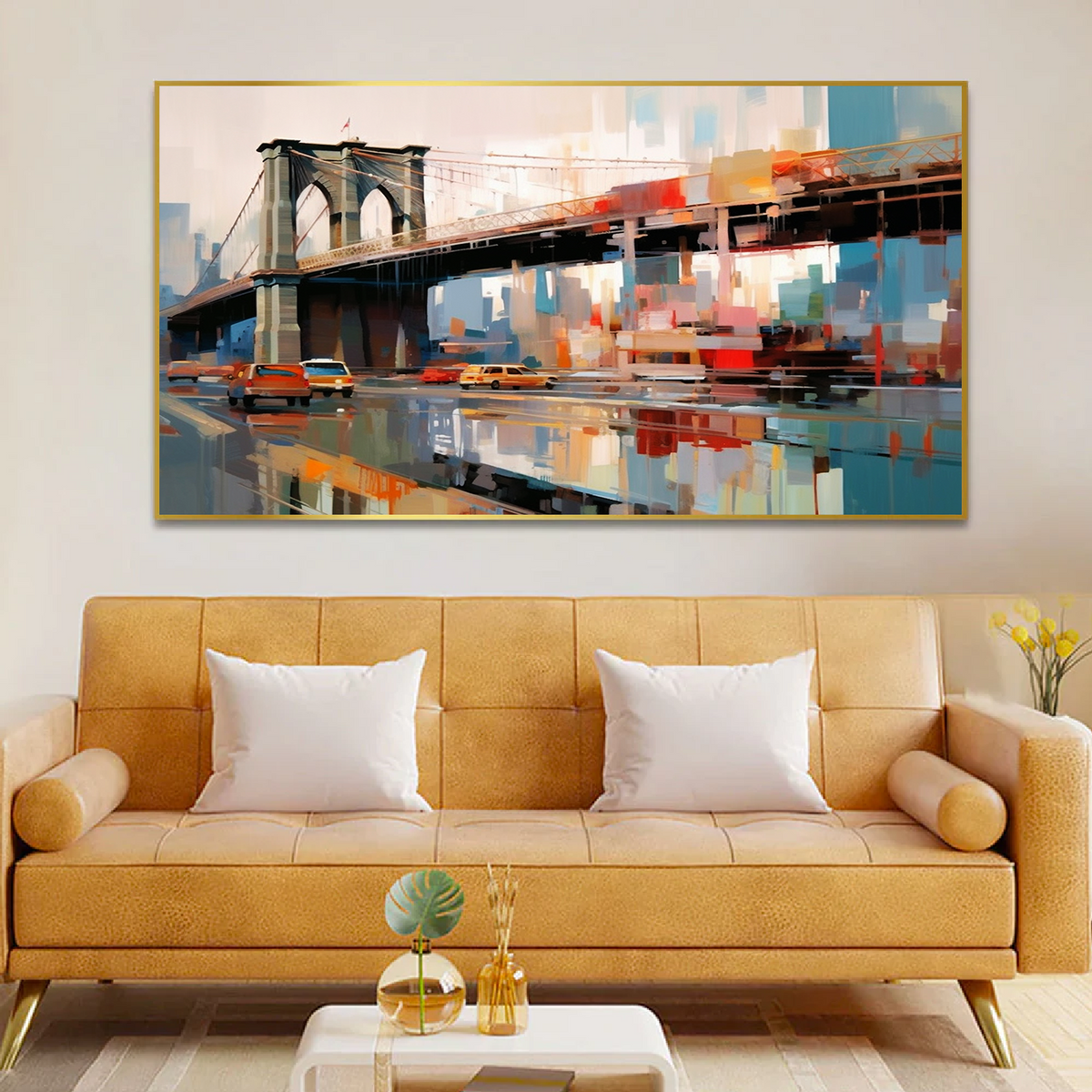 Abstract Canvas Painting of a City Street with a Bridge and Cars