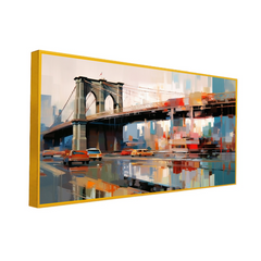 Abstract Canvas Painting of a City Street with a Bridge and Cars