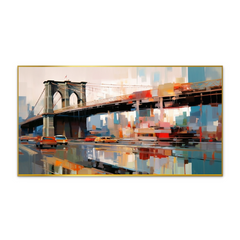 Abstract Canvas Painting of a City Street with a Bridge and Cars