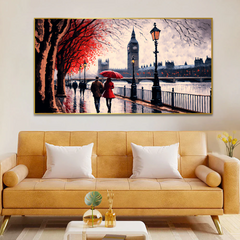 Romantic Couple Walking in Rain Sheltered by Red Umbrella Canvas Wall Painting