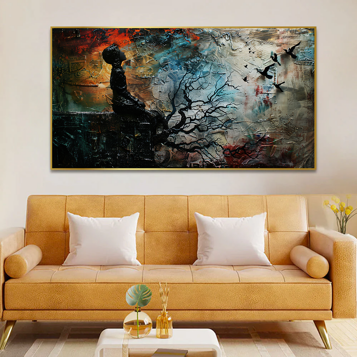 Abstract Modern Minimalist Canvas Painting of a Man and Tree with Floating Frame