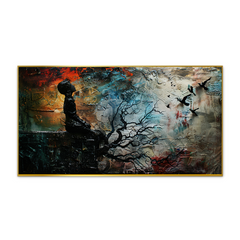 Abstract Modern Minimalist Canvas Painting of a Man and Tree with Floating Frame