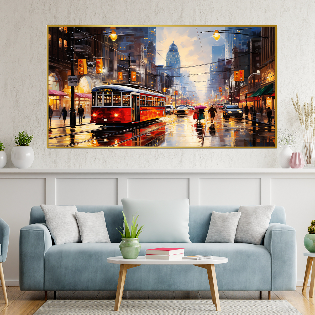 Red Bus in the City Night Lights Urban Cityscape Canvas Wall Painting With Frame