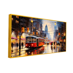 Red Bus in the City Night Lights Urban Cityscape Canvas Wall Painting With Frame