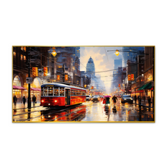 Red Bus in the City Night Lights Urban Cityscape Canvas Wall Painting With Frame