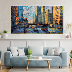 Canvas Painting Showing Chicago Skyline Amidst Heavy Traffic Busy City Streets