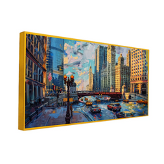 Canvas Painting Showing Chicago Skyline Amidst Heavy Traffic Busy City Streets