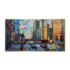 Canvas Painting Showing Chicago Skyline Amidst Heavy Traffic Busy City Streets