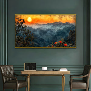 Beautiful Sunrise Nature Painting with Mountain Range