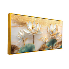 White and Golden Lotus Flower Floating Frame Canvas Wall Painting