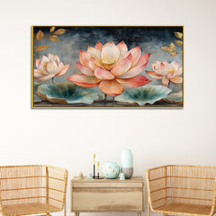 Pink and Golden Lotus Flower Digital Printed Canvas Wall Painting