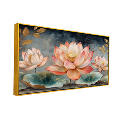 Pink and Golden Lotus Flower Digital Printed Canvas Wall Painting