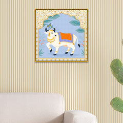 Divine Nandi Cow Traditional Indian Pichwai Style Canvas Wall Painting