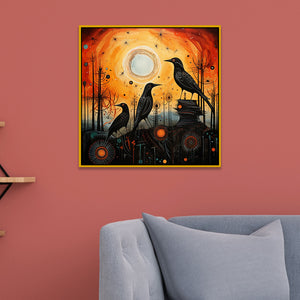 Abstract Crow Wall Decorative Art with Cosmic Sunset Background Canvas Painting
