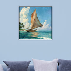 Tropical Ocean Seascape Painting with Wooden Boat & Palm Trees