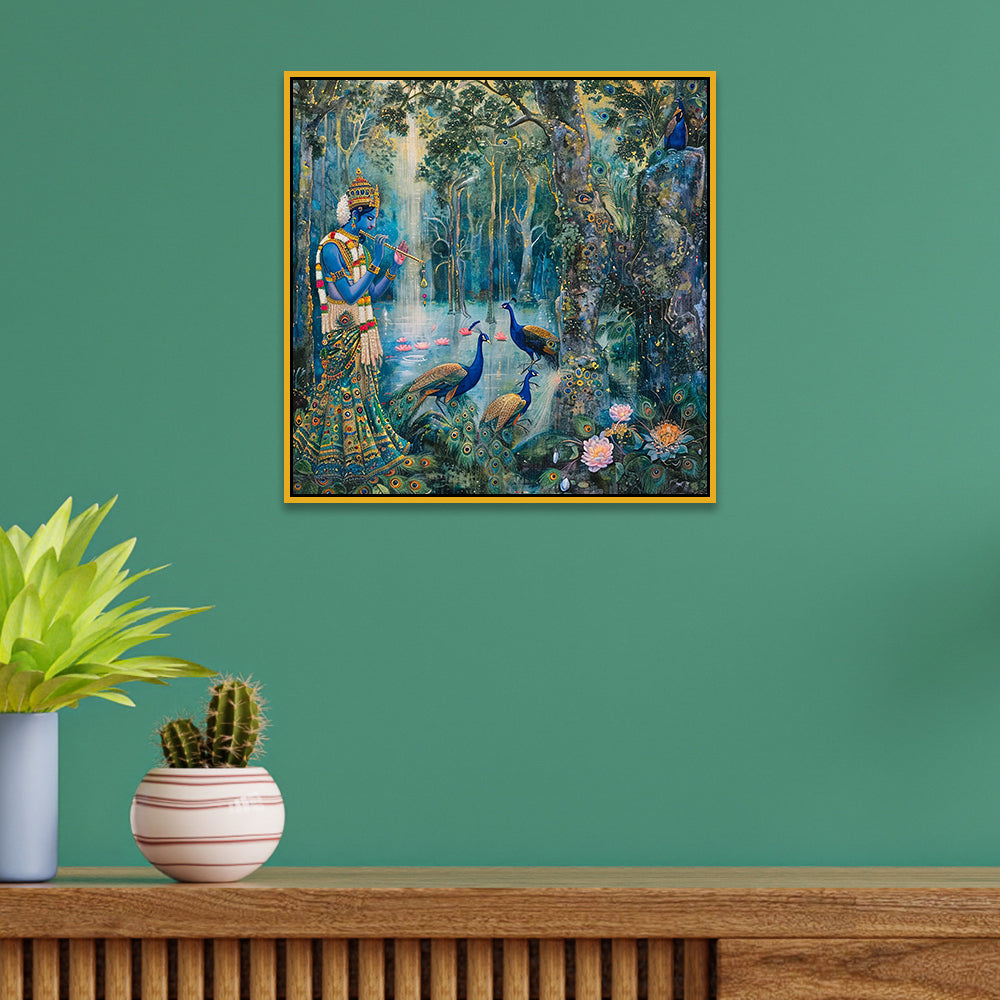 Divine Lord Krishna Playing Flute with Peacocks in Forest Canvas Painting