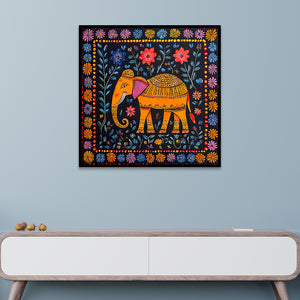 Colorful Indian Elephant Folk Art Canvas Wall Painting with Floating Frame