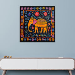 Colorful Indian Elephant Folk Art Canvas Wall Painting with Floating Frame