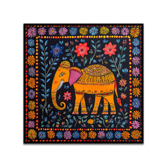 Colorful Indian Elephant Folk Art Canvas Wall Painting with Floating Frame