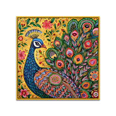 Vibrant Peacock Traditional Indian Folk Art Style Canvas Wall Painting