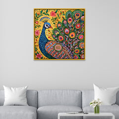 Vibrant Peacock Traditional Indian Folk Art Style Canvas Wall Painting