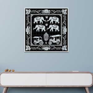 Monochrome Indian Folk Art Canvas Painting with Floating Frame