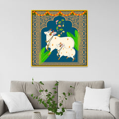 Pichwai Canvas Painting with Traditional Floral and Cow Designs