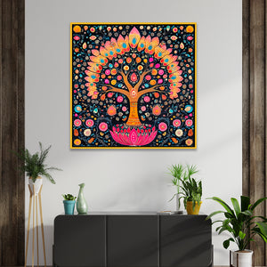 Authentic Madhubani Indian Colorful Wall Painting with Detailed Floral Patterns