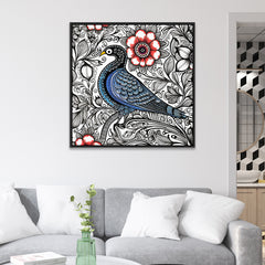 Beautiful Madhubani Wall Painting of A Bird on Floral Background with Red Flower