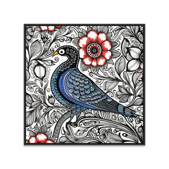 Beautiful Madhubani Wall Painting of A Bird on Floral Background with Red Flower