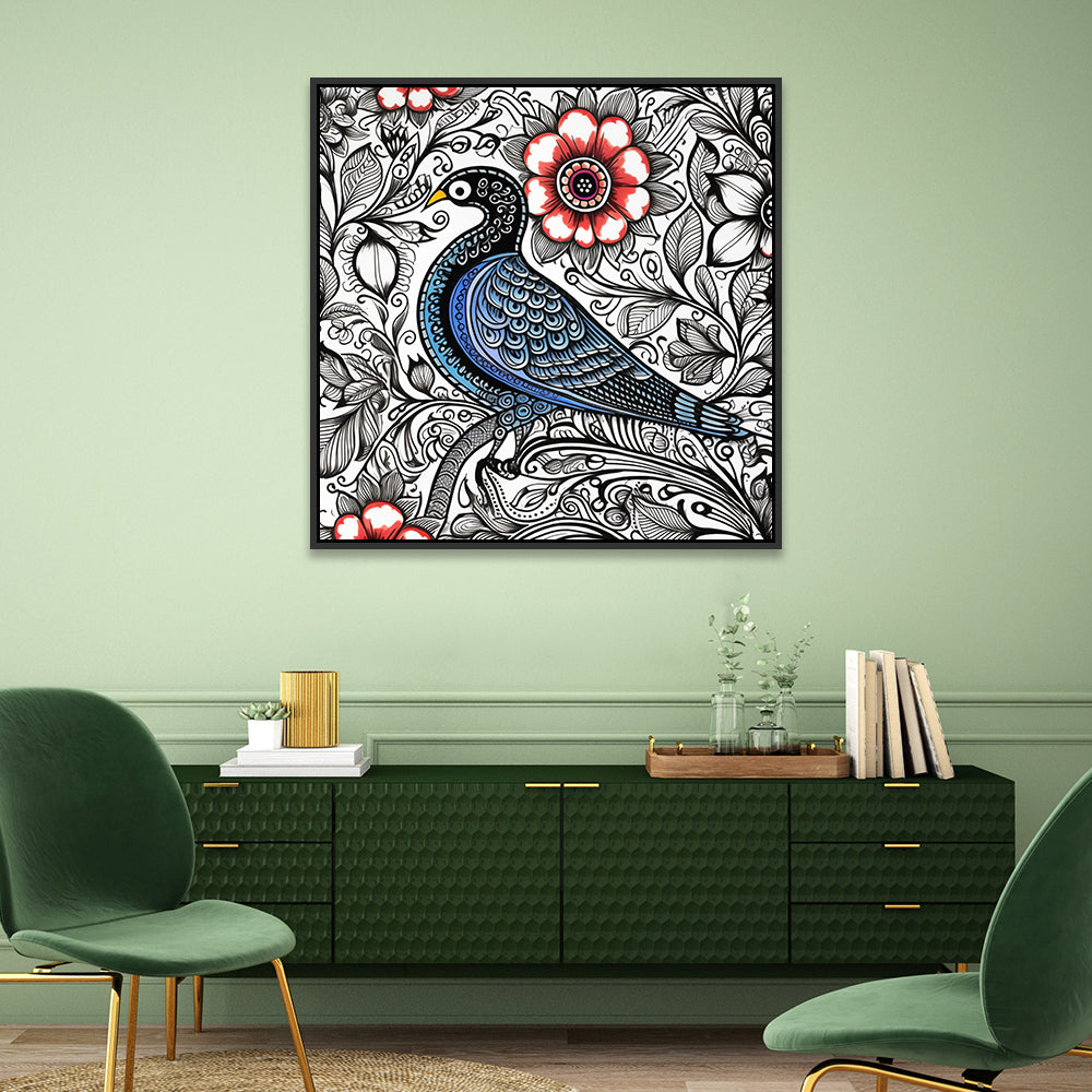 Beautiful Madhubani Wall Painting of A Bird on Floral Background with Red Flower