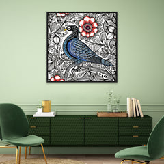 Beautiful Madhubani Wall Painting of A Bird on Floral Background with Red Flower