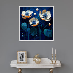 Colorful Surrealistic Flower Art On Blue Background Canvas Wall Painting