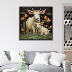 Pichwai Canvas Painting with Traditional Floral and Cow Designs