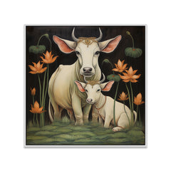 Pichwai Canvas Painting with Traditional Floral and Cow Designs