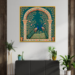 Blue & Gold Peacock Couple Square Vastu Canvas Wall Painting