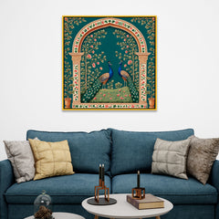 Blue & Gold Peacock Couple Square Vastu Canvas Wall Painting