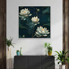 3D Embossed White & Gold Lotus Canvas Floral Vastu Wall Painting