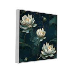 3D Embossed White & Gold Lotus Canvas Floral Vastu Wall Painting